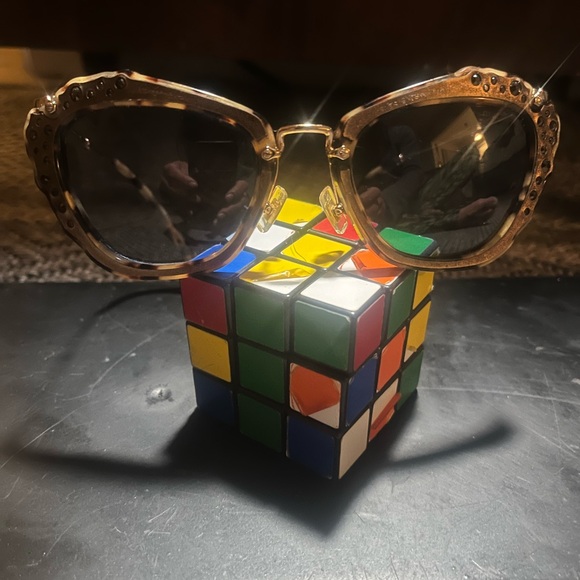 MIU MIU NOIR 04Q Brown Havana Blue Foil Leather Crystal Stud Sunglasses MU04QS main image 13